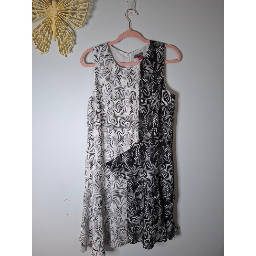 Vince Camuto Black White Geometric Palm Print Sleeveless Shift Dress Size 10